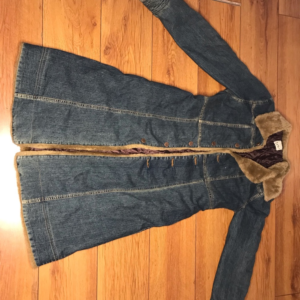 Denim Trench Coat with Brown Fur Lining